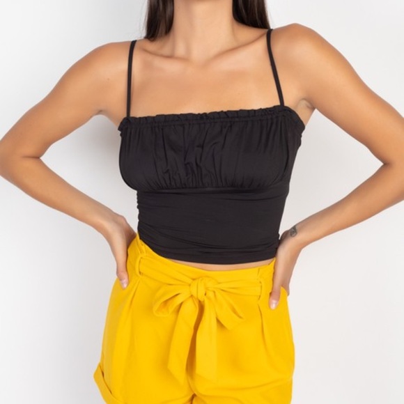 Shirred Bust Ruffle Cami Top Knit Semi-Crop Top - Picture 4 of 8